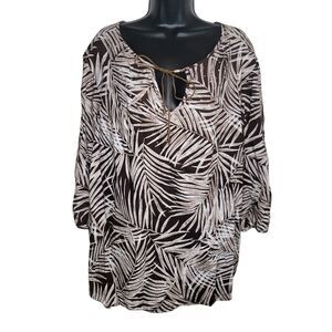 Erika Woman linen blend palm leaf print boho peasant top size 2x